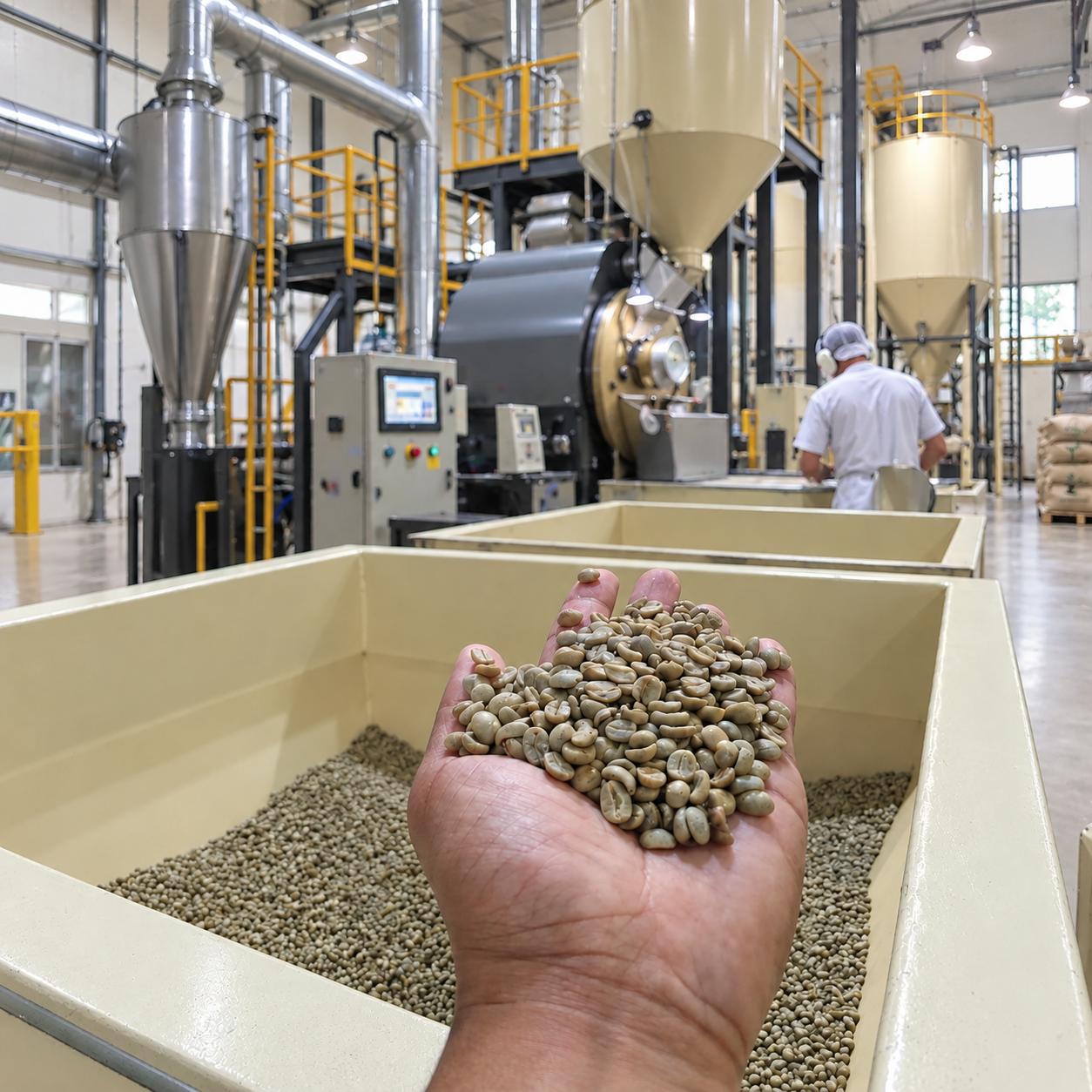 Grãos de café em ambiente industrial